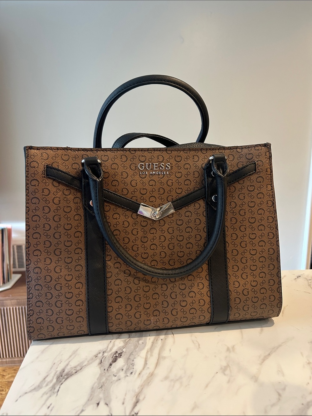 GUESS Brown Logo Satchel with Black Trim and Gold Accent